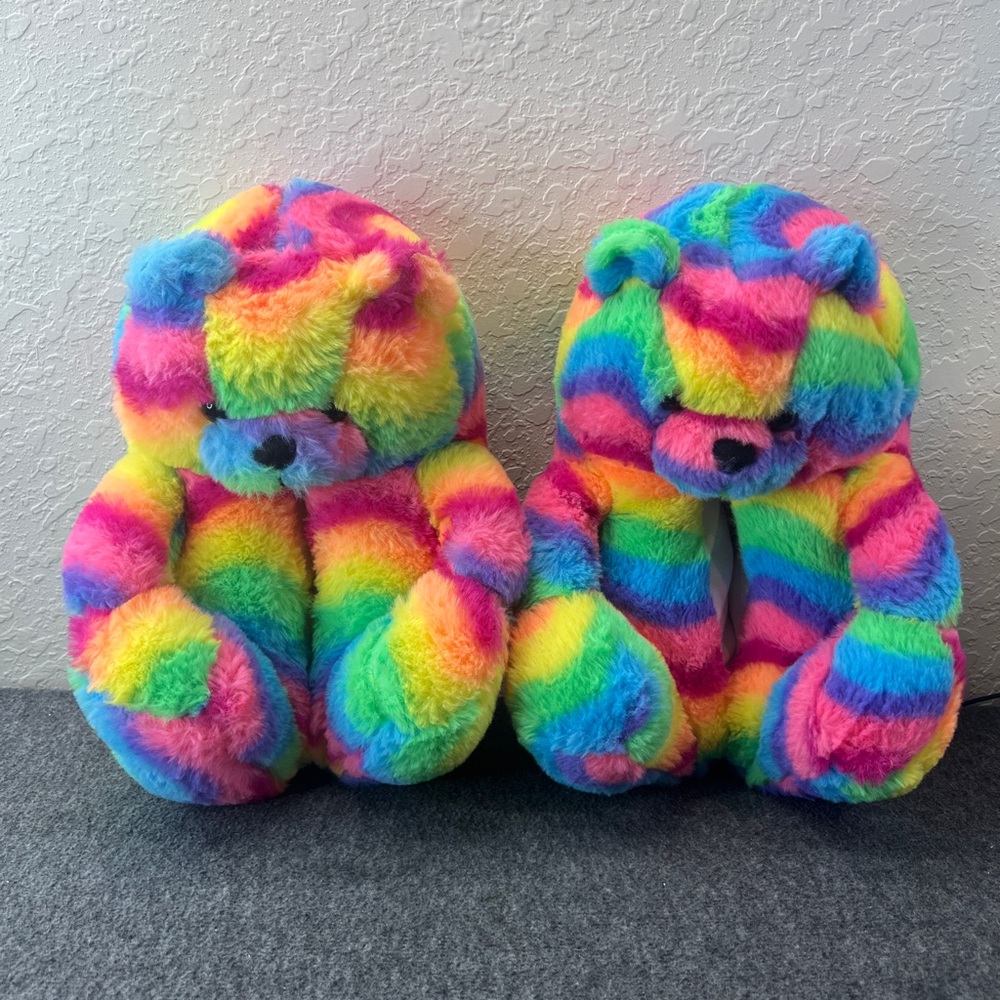 Rainbow Teddy Bear Plush Slippers